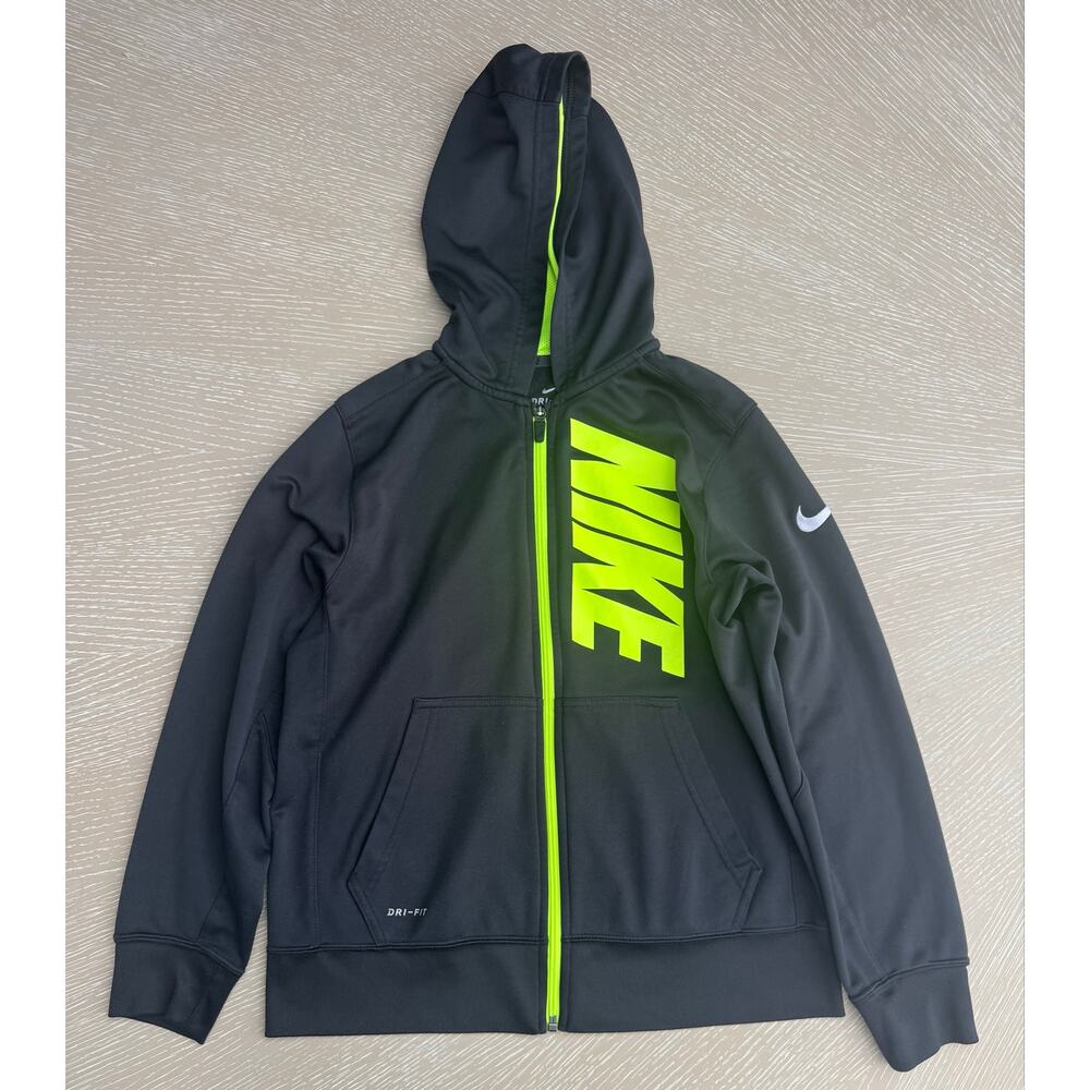 Nike Boys Large(L) Full Zip Hoodie Black Neon Green Volt Dri-Fit Fleece Big Logo